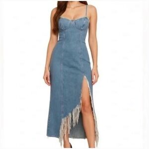 Good American Shredded Denim‎ Corset Maxi Dress with Fringe NWT Size Small